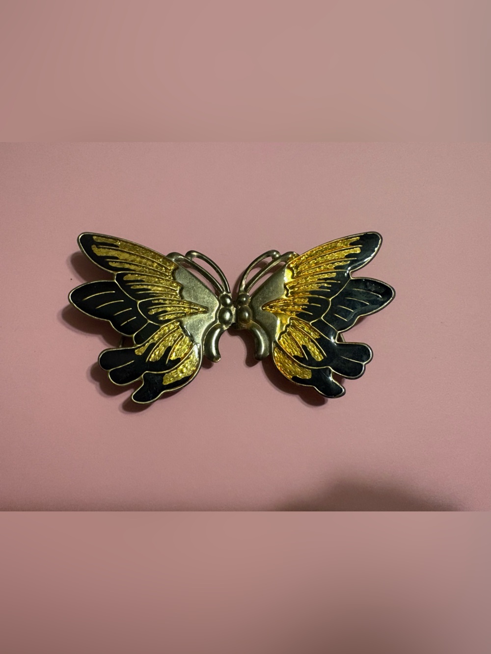 Vintage 1980s Gold Tone Metal and Enamel Black and Yellow Butterfly Belt Buckle